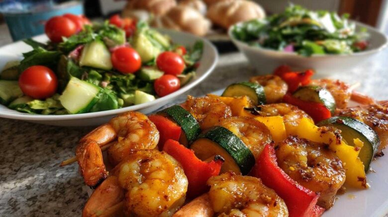 Grilled Shrimp Skewers with Veggie Salad