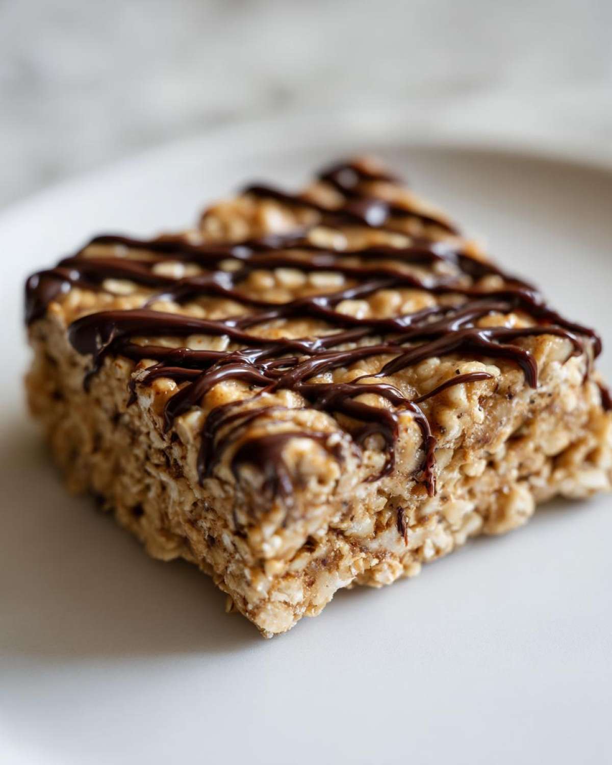 Close-up of a homemade protein bars square topped with a rich dark chocolate drizzle.