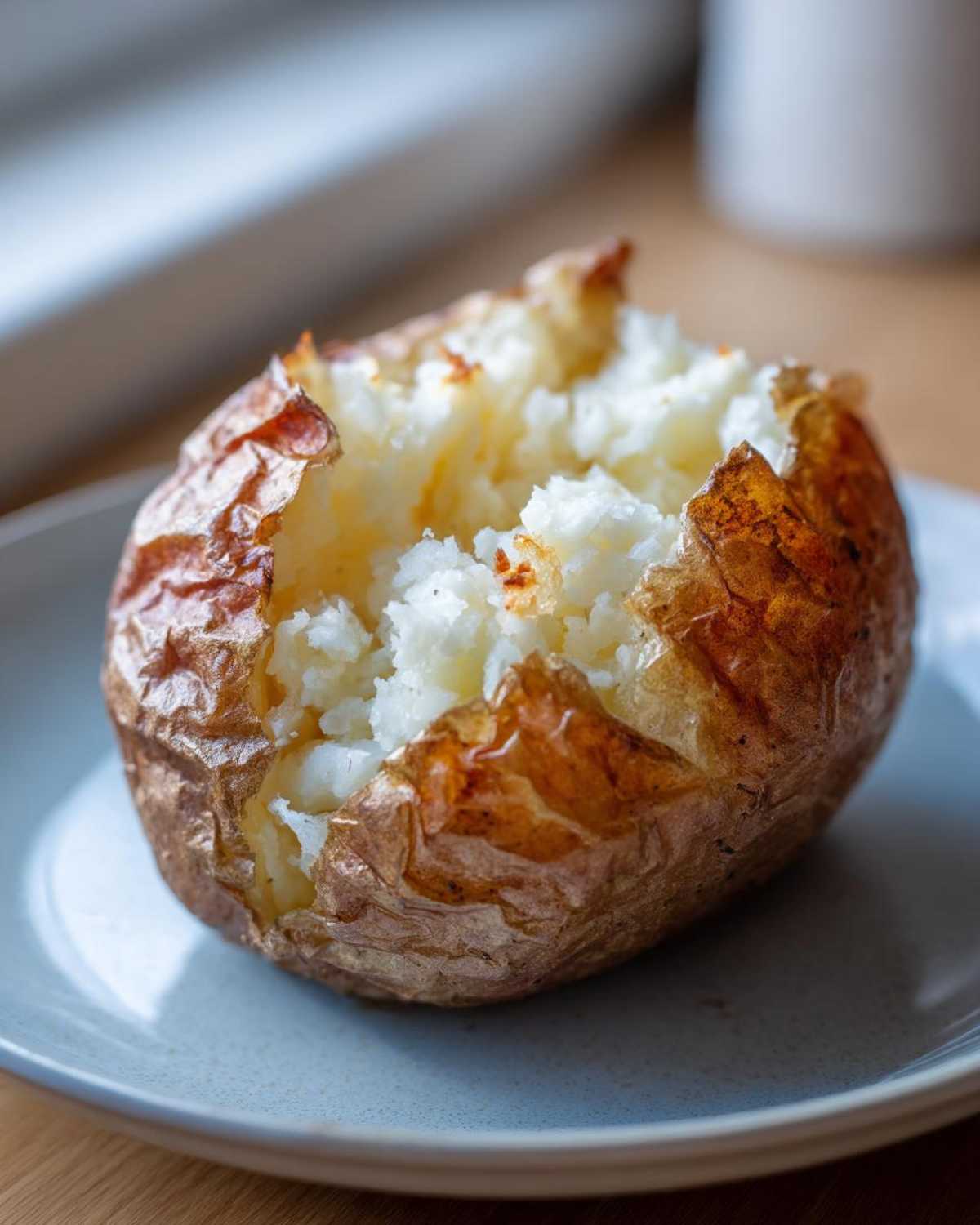 A close-up of a fluffy air fryer baked potato with crispy skin, split open on a light blue plate.