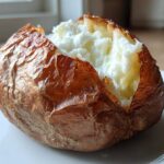 Close-up of a perfectly cooked air fryer baked potato with a crispy brown skin and fluffy white interior.