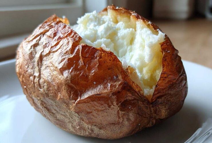 Close-up of a perfectly cooked air fryer baked potato with a crispy brown skin and fluffy white interior.