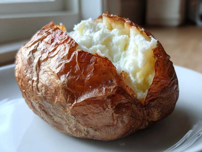Close-up of a perfectly cooked air fryer baked potato with a crispy brown skin and fluffy white interior.