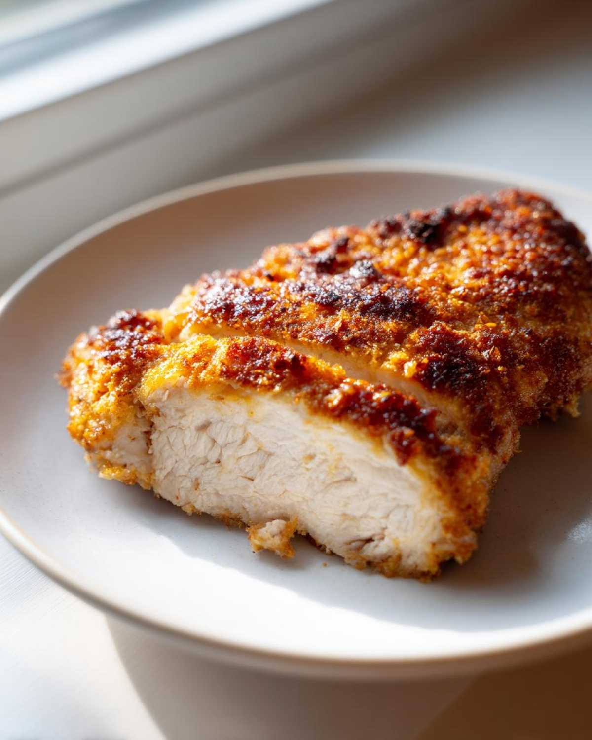 Close-up of a juicy, sliced air fryer chicken breast showing a crispy, golden-brown exterior and moist white meat.