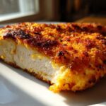 Close-up of a thick slice of golden-brown, crispy air fryer chicken breast showing moist white meat inside.