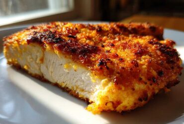 Close-up of a thick slice of golden-brown, crispy air fryer chicken breast showing moist white meat inside.