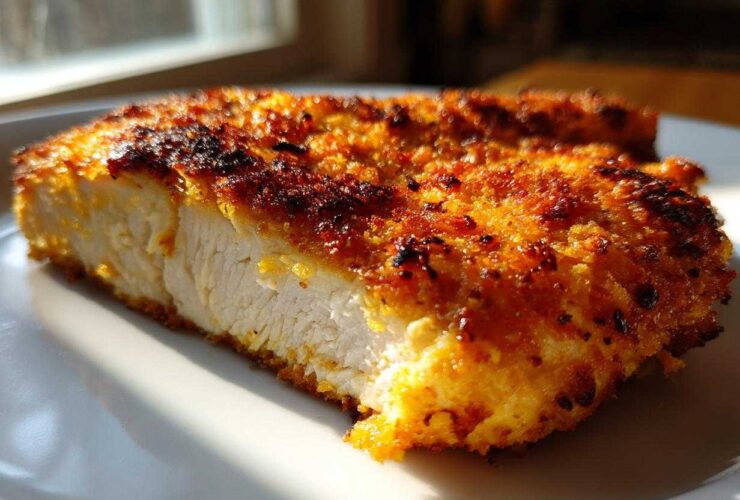 Close-up of a thick slice of golden-brown, crispy air fryer chicken breast showing moist white meat inside.