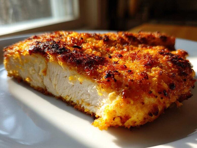 Close-up of a thick slice of golden-brown, crispy air fryer chicken breast showing moist white meat inside.