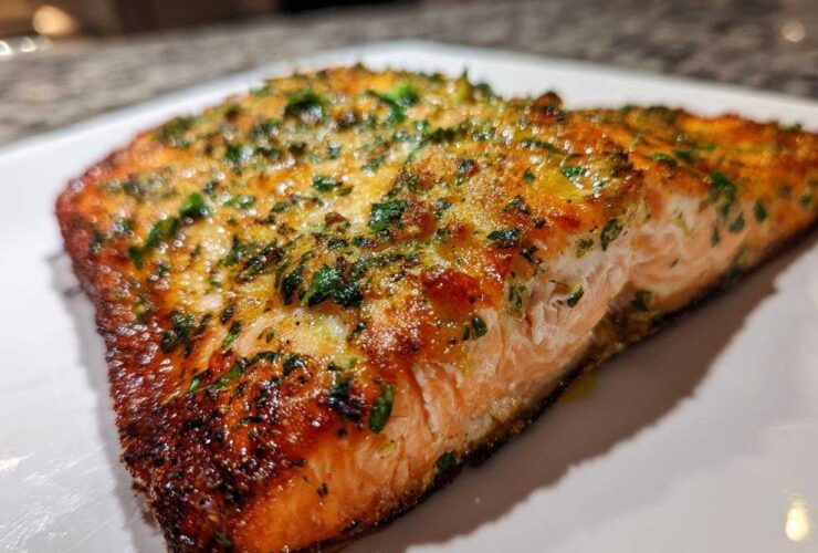 Close-up of a flaky, golden-brown air fryer salmon fillet topped with green herbs.