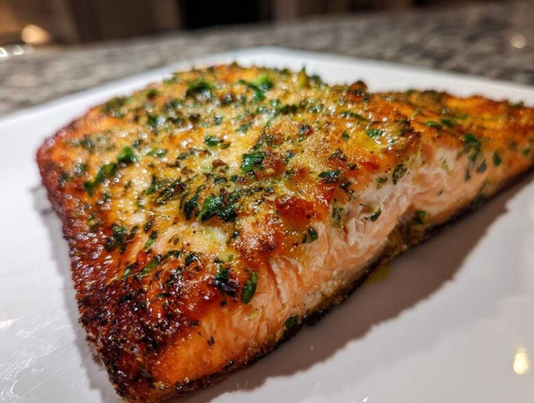 Close-up of a flaky, golden-brown air fryer salmon fillet topped with green herbs.