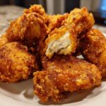 Close-up of a pile of perfectly cooked, golden brown fried chicken wings, one piece broken open showing juicy white meat.