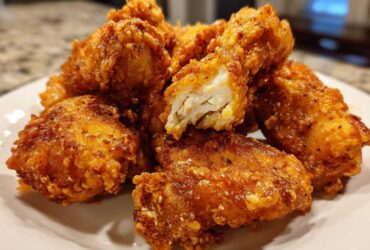 Close-up of a pile of perfectly cooked, golden brown fried chicken wings, one piece broken open showing juicy white meat.
