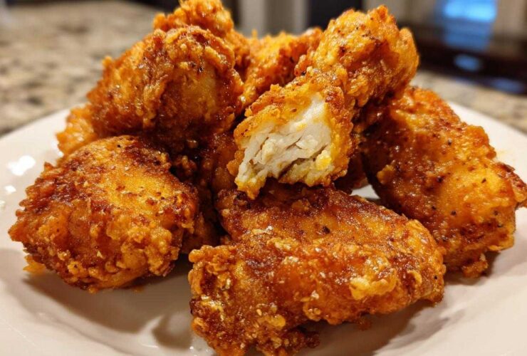 Close-up of a pile of perfectly cooked, golden brown fried chicken wings, one piece broken open showing juicy white meat.