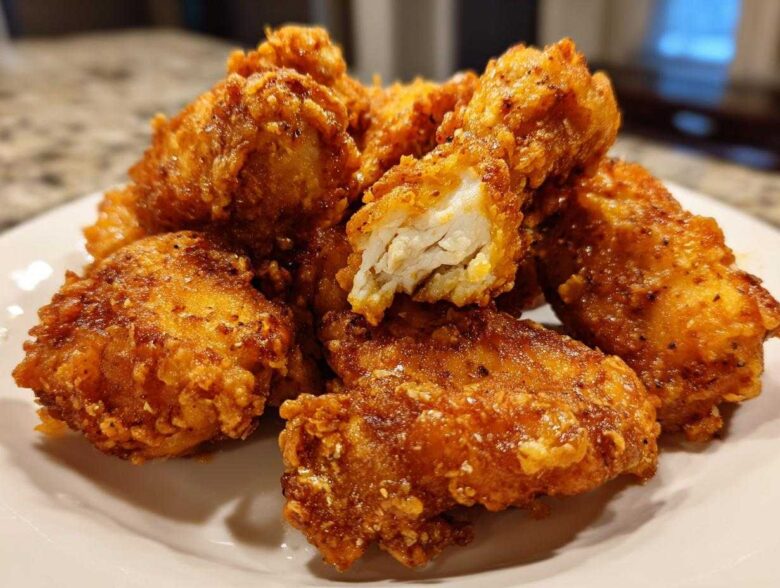 Close-up of a pile of perfectly cooked, golden brown fried chicken wings, one piece broken open showing juicy white meat.