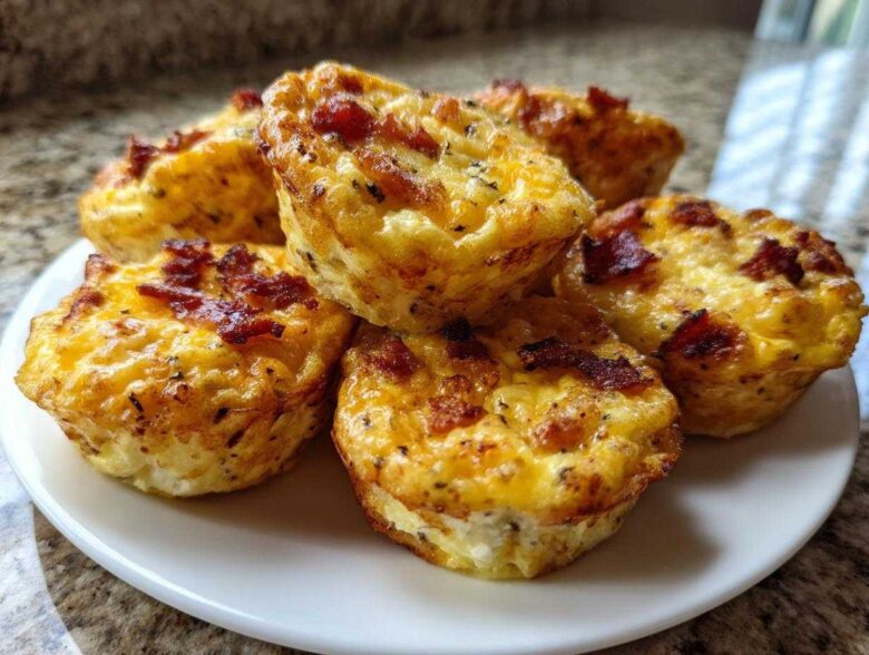A stack of five golden brown bacon egg bites served on a small white plate.