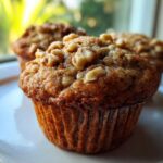 Close-up of a golden brown banana nut muffin topped with chopped walnuts, sitting on a white plate.