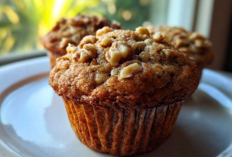 Close-up of a golden brown banana nut muffin topped with chopped walnuts, sitting on a white plate.
