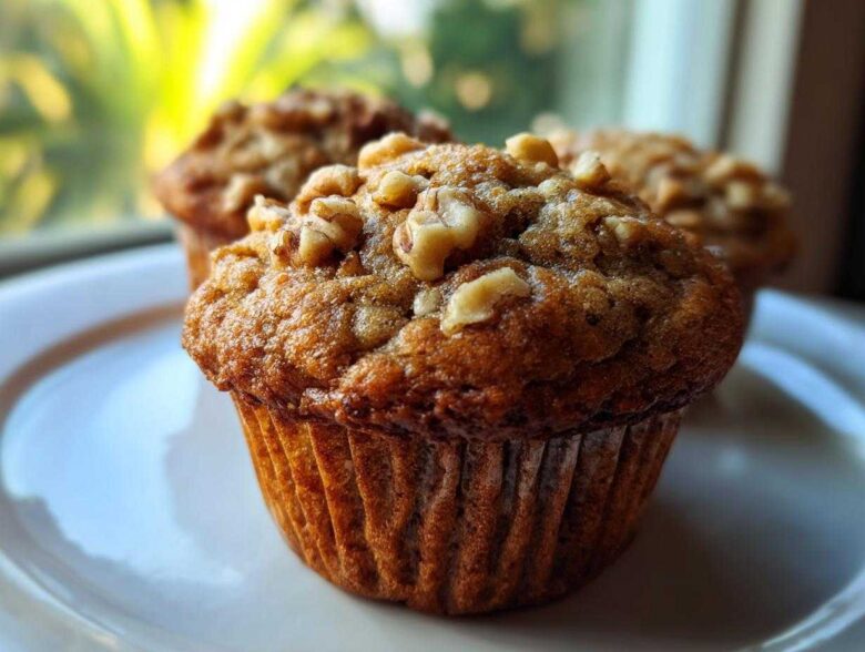 Close-up of a golden brown banana nut muffin topped with chopped walnuts, sitting on a white plate.