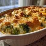 A close-up of a golden-brown, cheesy broccoli casserole bubbling hot in a white oval baking dish.