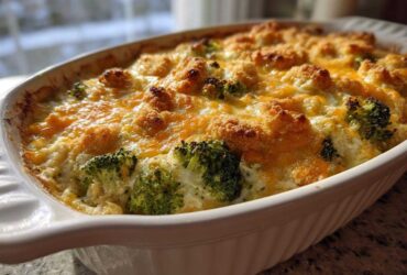 A close-up of a golden-brown, cheesy broccoli casserole bubbling hot in a white oval baking dish.