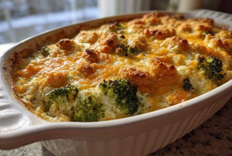 A close-up of a golden-brown, cheesy broccoli casserole bubbling hot in a white oval baking dish.