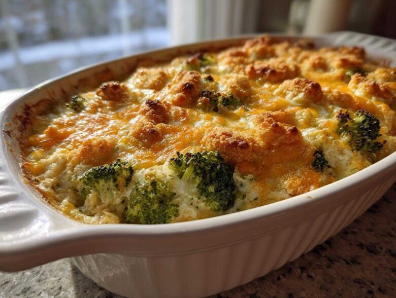 A close-up of a golden-brown, cheesy broccoli casserole bubbling hot in a white oval baking dish.