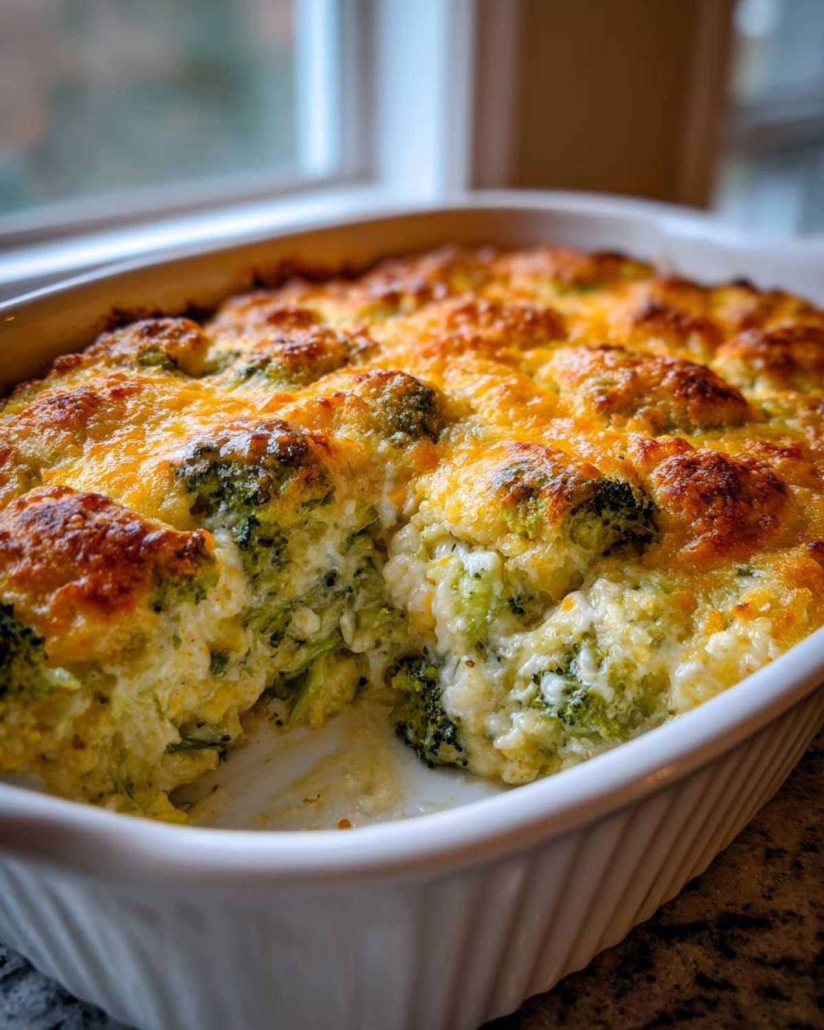 Close-up of a freshly baked broccoli casserole in a white dish with a bubbly, golden-brown cheese crust.
