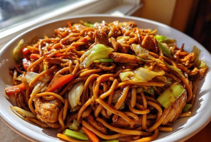 A close-up of a generous serving of homemade chicken chow mein recipe, featuring noodles, chicken pieces, carrots, and cabbage.
