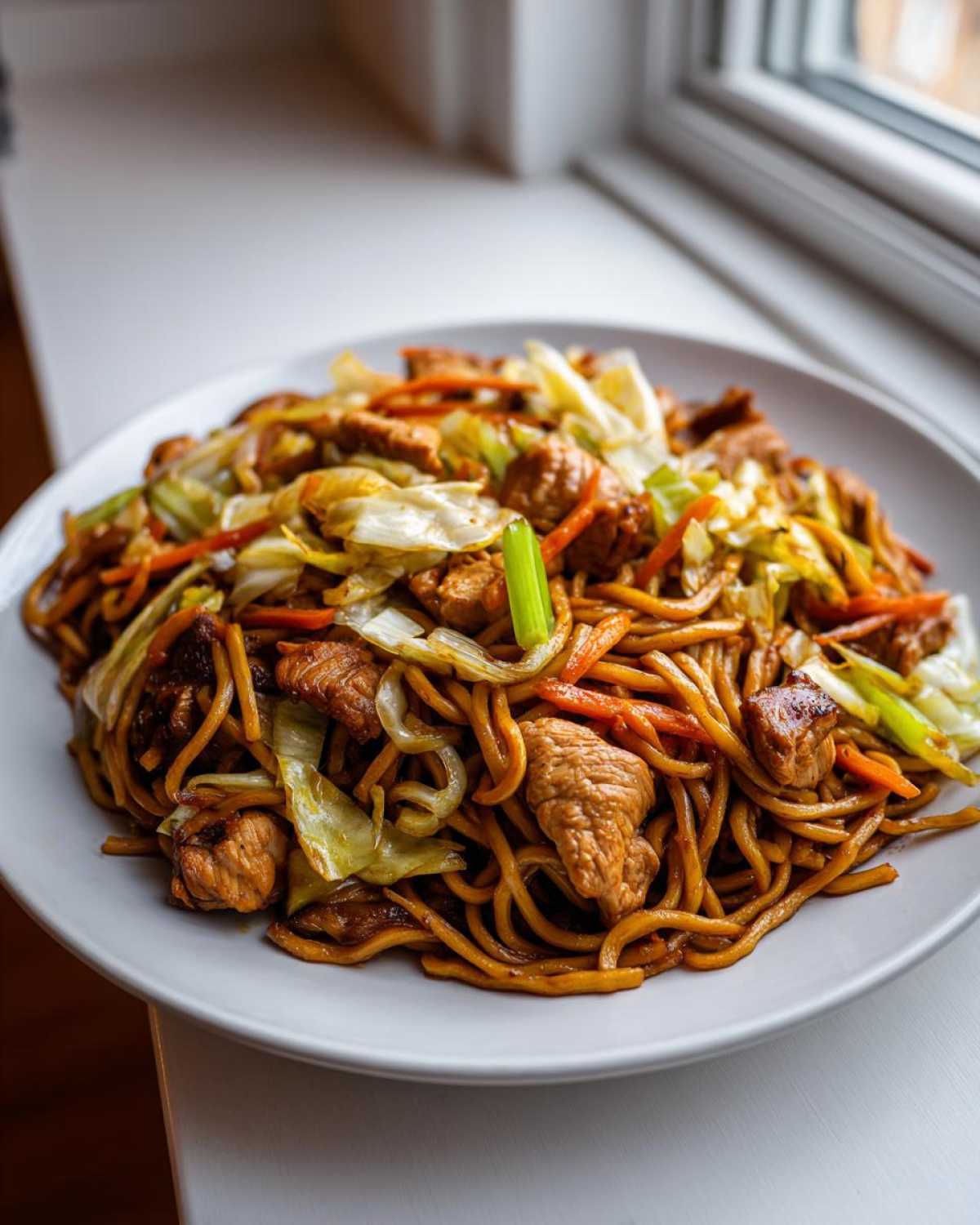 A close-up of a white plate filled with delicious chicken chow mein recipe, featuring noodles, chicken pieces, cabbage, and carrots.