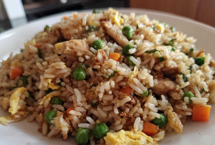 A close-up serving of amazing chicken fried rice featuring white rice, chunks of chicken, peas, carrots, and scrambled egg.