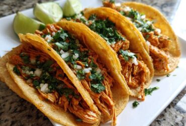 Four delicious, vibrant orange chicken tacos topped with cilantro and onion, served with lime wedges.