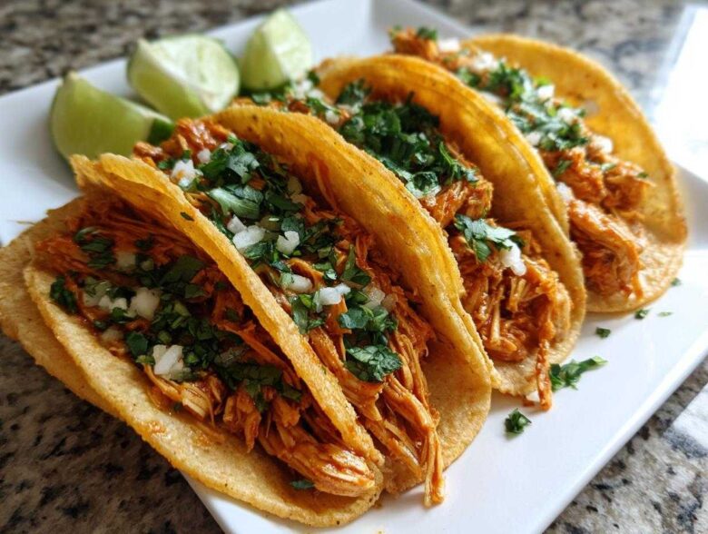 Four delicious, vibrant orange chicken tacos topped with cilantro and onion, served with lime wedges.