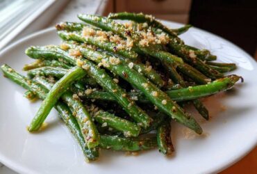 Close-up of bright green beans seasoned and topped with crunchy breadcrumbs or nuts.