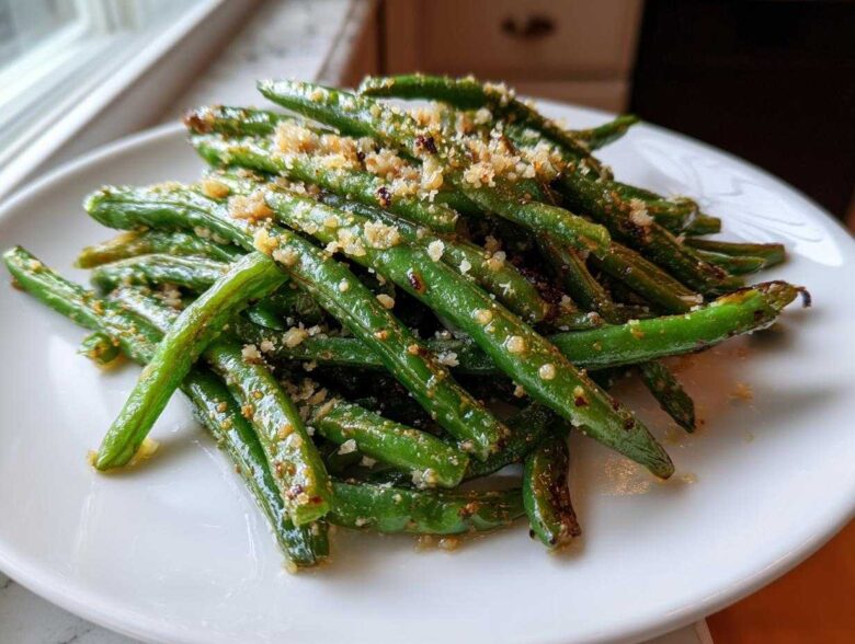 Close-up of bright green beans seasoned and topped with crunchy breadcrumbs or nuts.