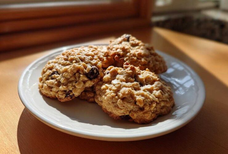 Three golden brown oatmeal cookie treats piled on a white plate, illuminated by sunlight.