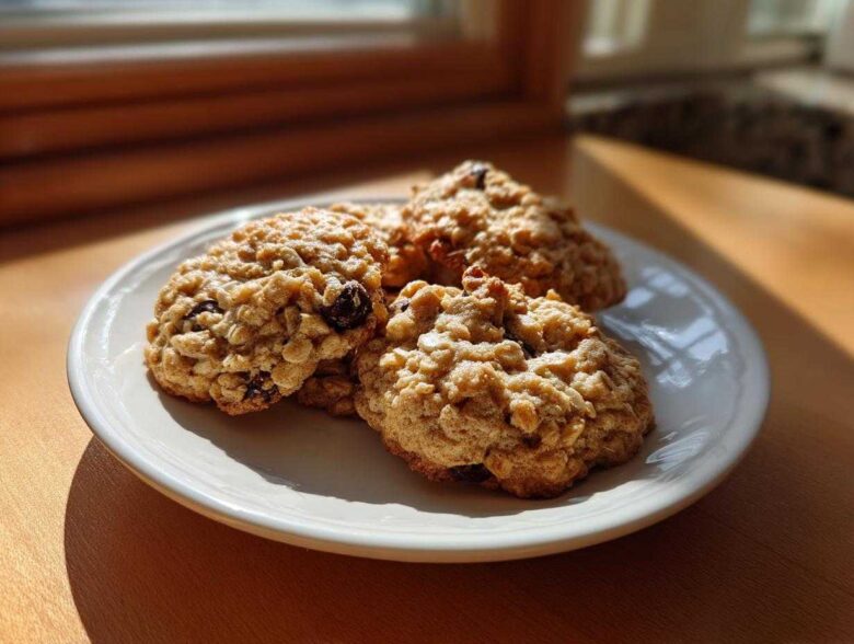 Three golden brown oatmeal cookie treats piled on a white plate, illuminated by sunlight.