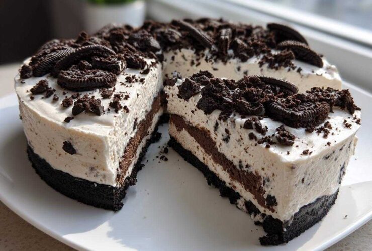 A rich, creamy, no-bake Oreo pie with a thick dark crust, topped generously with crushed Oreos and whole cookies.