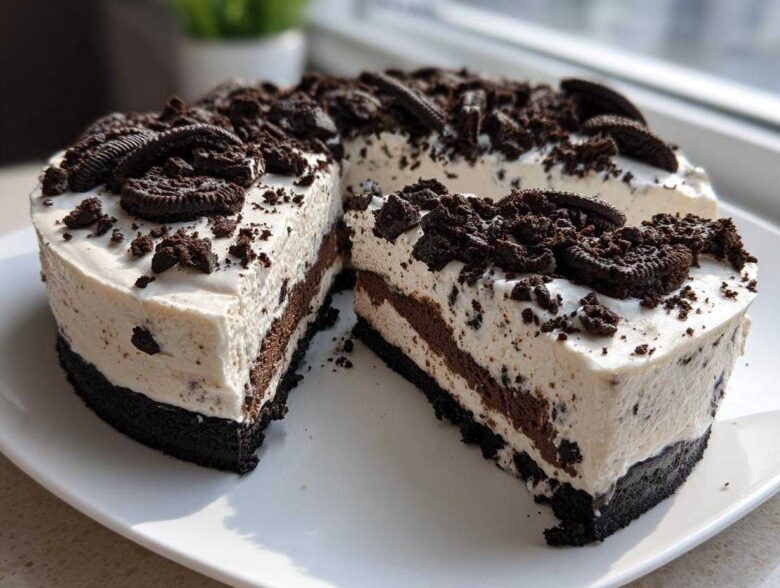 A rich, creamy, no-bake Oreo pie with a thick dark crust, topped generously with crushed Oreos and whole cookies.