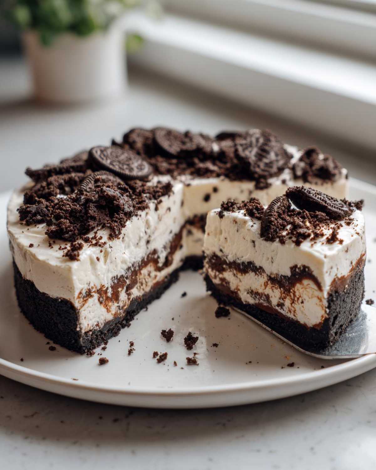 A slice of creamy Oreo pie topped with crushed cookies, showing distinct layers.
