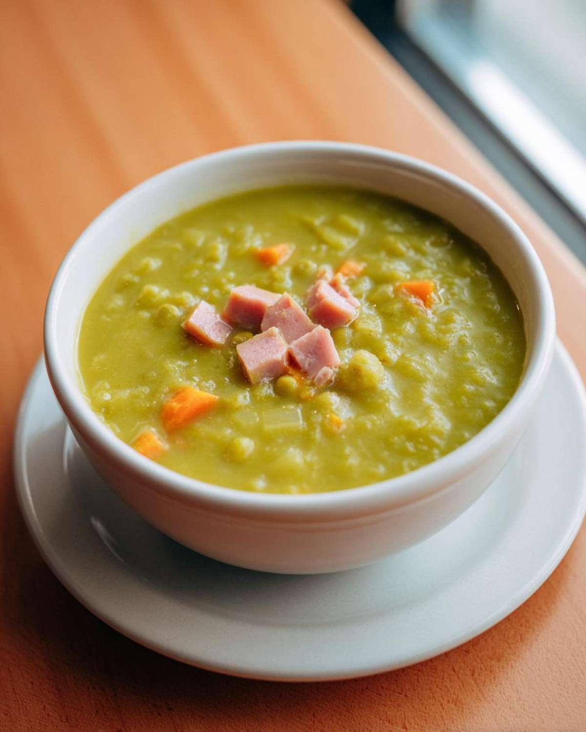 A close-up of a white bowl filled with thick, green pea soup, topped with diced ham and carrots.