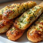 A close-up of several golden, soft breadsticks piled on a white plate, topped with melted cheese and green herbs.