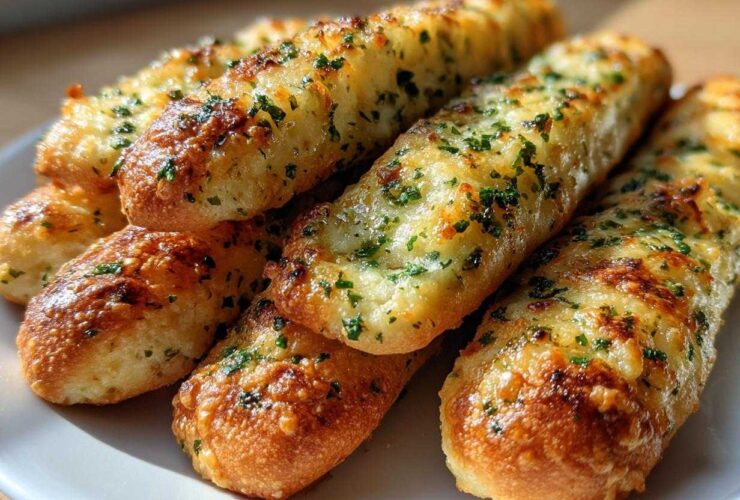 A close-up of several golden, soft breadsticks piled on a white plate, topped with melted cheese and green herbs.