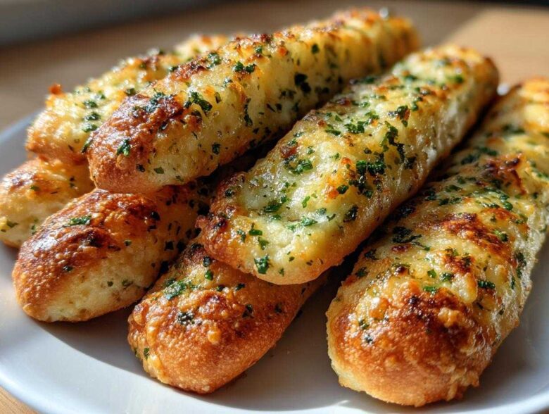 A close-up of several golden, soft breadsticks piled on a white plate, topped with melted cheese and green herbs.