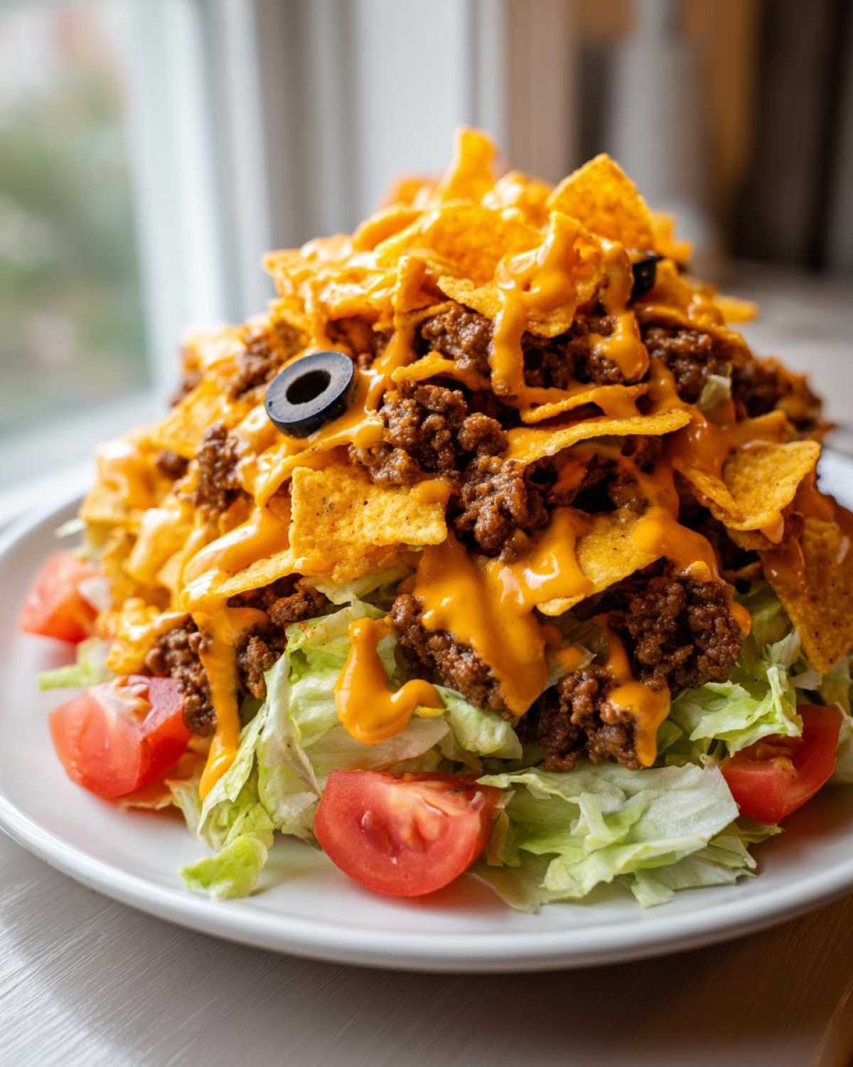 A towering portion of taco salad featuring lettuce, seasoned ground beef, nacho chips, cheese sauce, and a black olive slice.
