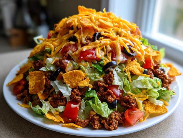 A towering plate of amazing taco salad featuring seasoned ground beef, lettuce, tomatoes, olives, cheese, and crushed tortilla chips.