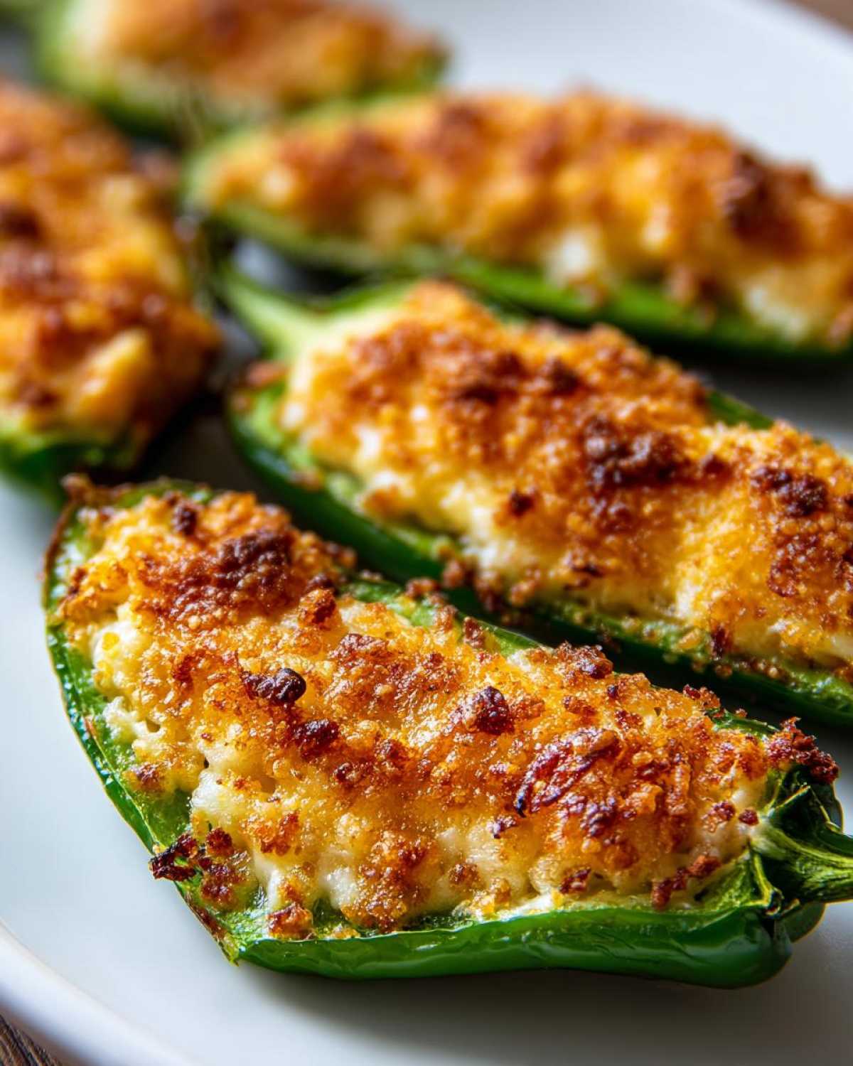 Close-up of several baked jalapeño poppers stuffed with creamy filling and topped with a golden brown, crispy crust.