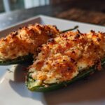 Two perfectly baked jalapeño poppers stuffed with creamy filling and topped with a golden, crispy crust.