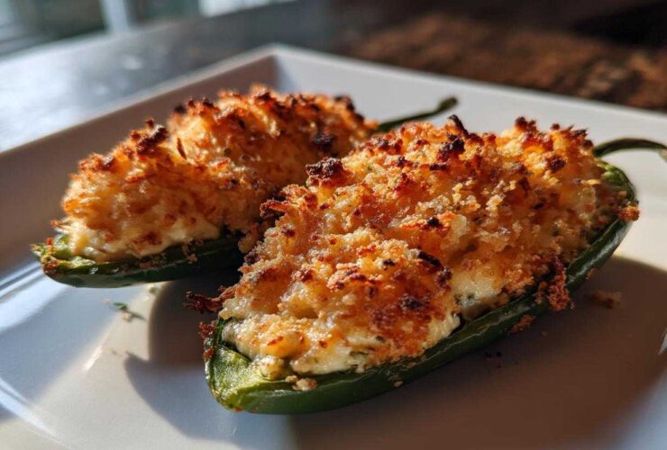 Two perfectly baked jalapeño poppers stuffed with creamy filling and topped with a golden, crispy crust.