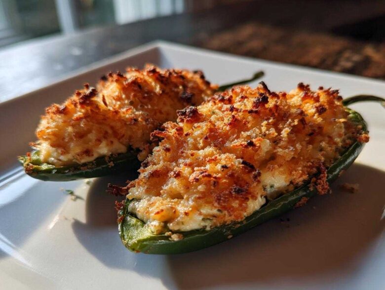 Two perfectly baked jalapeño poppers stuffed with creamy filling and topped with a golden, crispy crust.