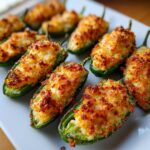 Close-up of baked jalapeño poppers stuffed with creamy filling and topped with golden brown breadcrumbs.