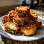 A stack of crispy, golden brown baked parmesan zucchini slices piled high on a white plate.
